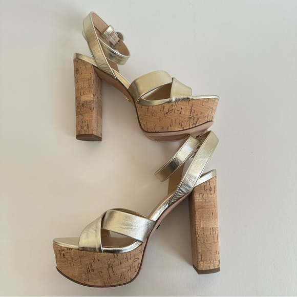 Veronica Beard Gold Lalana Leather Ankle Strap Cork Platform Heel Sandal 6.5 NIB - Picture 8 of 16